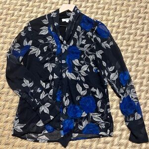 Jason Wu Blouse - Women's 4 Black Blue EUC - Floral Tie Neck Designer Luxury